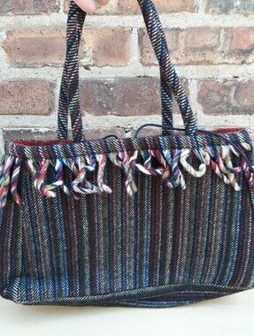 Angela Hope Irish Woven Wool Carpet Bag Tote Fringe Trim Velvet Lining Vintage